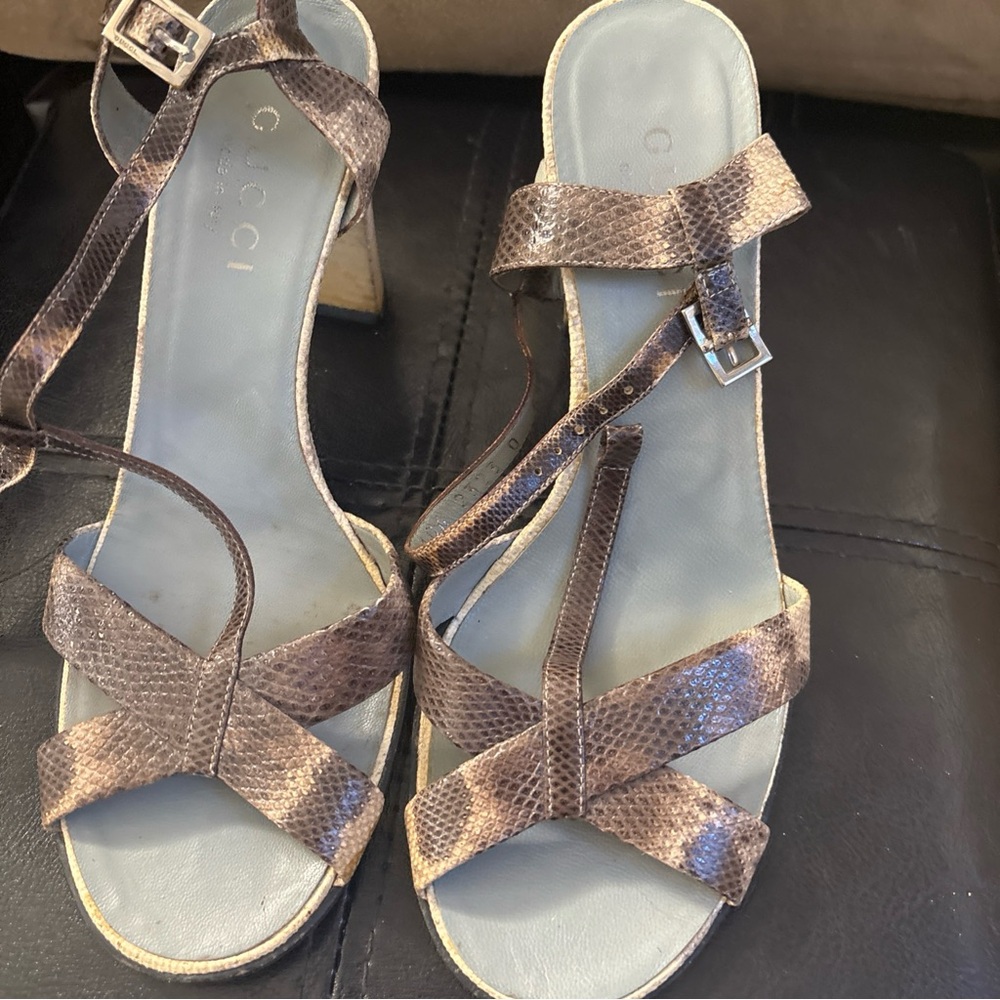 Gucci Sandals high heels wood Python snake skin sandal size 6.5 - Picture 2 of 13